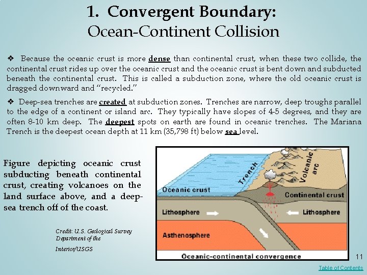 1. Convergent Boundary: Ocean-Continent Collision ❖ Because the oceanic crust is more dense than