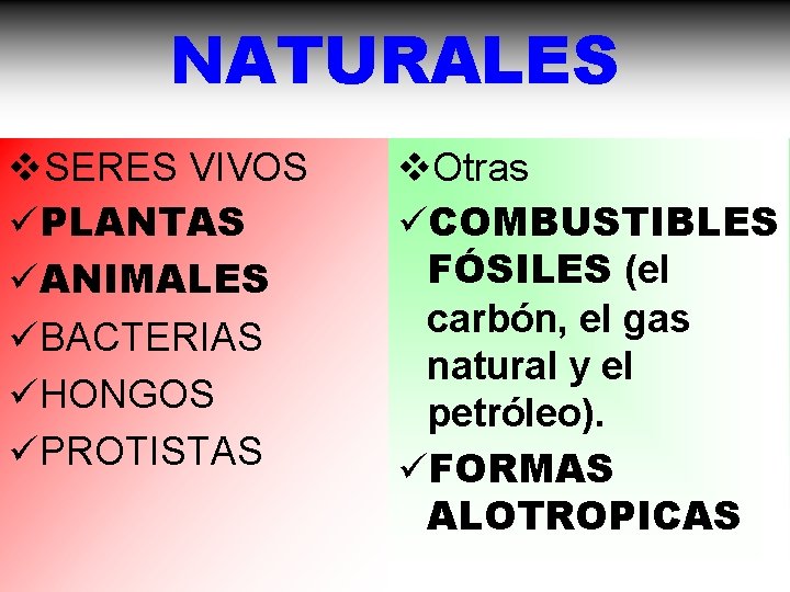NATURALES v. SERES VIVOS üPLANTAS üANIMALES üBACTERIAS üHONGOS üPROTISTAS v. Otras üCOMBUSTIBLES FÓSILES (el NATURALES v. SERES VIVOS üPLANTAS üANIMALES üBACTERIAS üHONGOS üPROTISTAS v. Otras üCOMBUSTIBLES FÓSILES (el