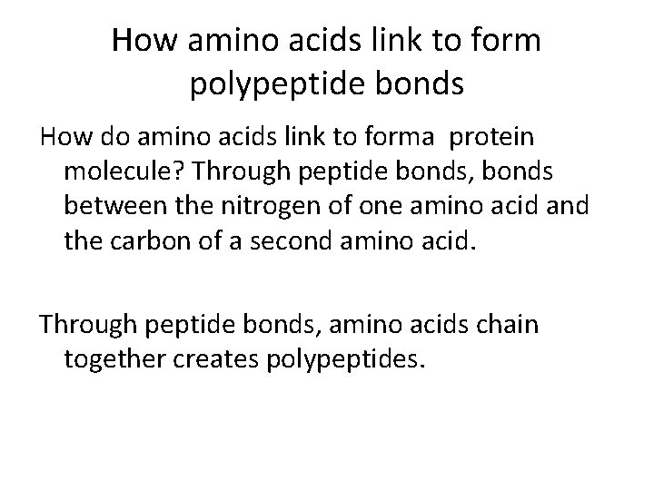 How amino acids link to form polypeptide bonds How do amino acids link to