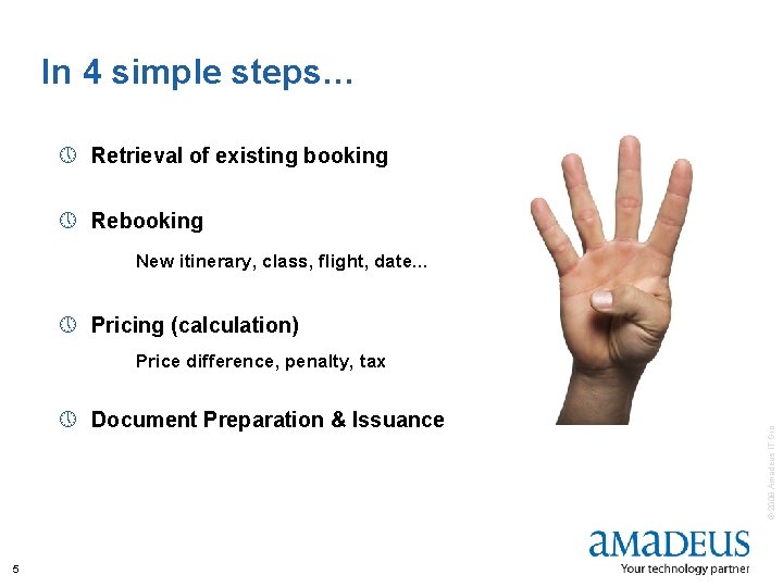 In 4 simple steps… » Retrieval of existing booking » Rebooking New itinerary, class,