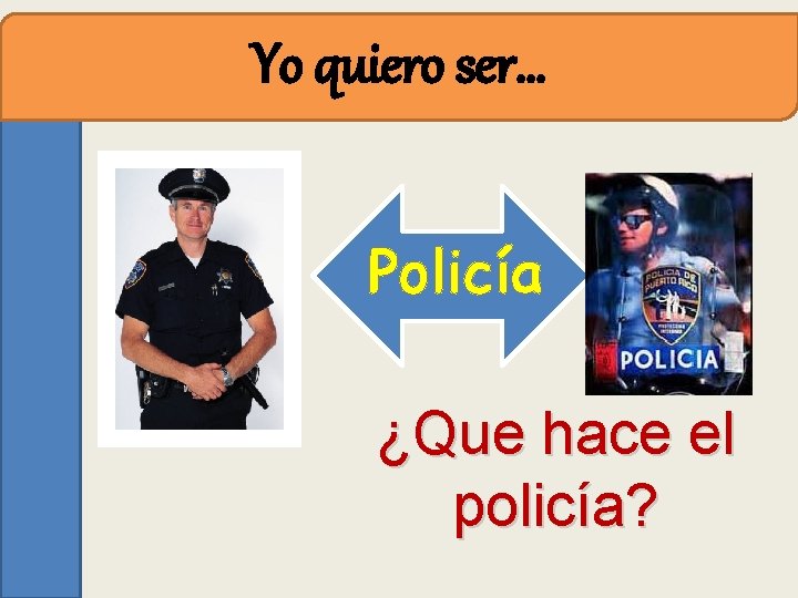 quiero ser… Yo. Yoquiero ser… Policía ¿Que hace el policía? 