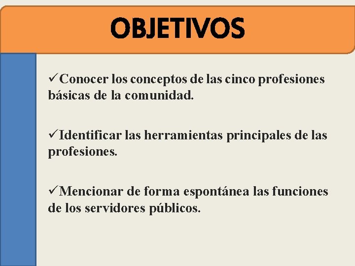 OBJETIVOS üConocer los conceptos de las cinco profesiones básicas de la comunidad. üIdentificar las