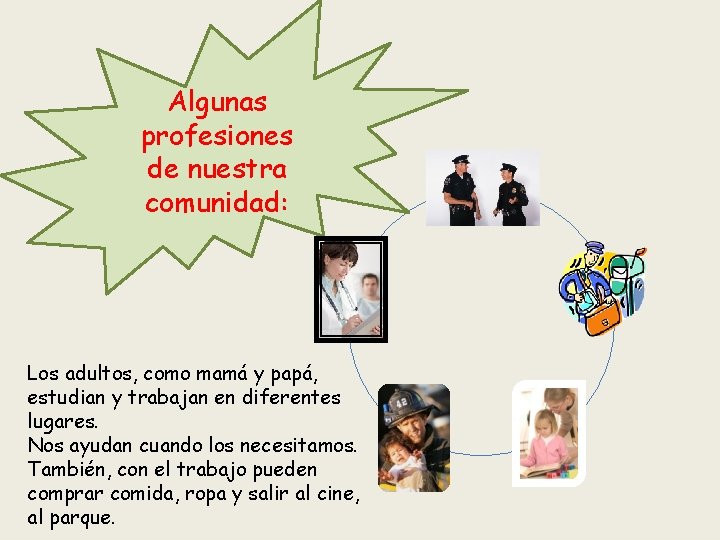 Algunas profesiones de nuestra comunidad: Los adultos, como mamá y papá, estudian y trabajan
