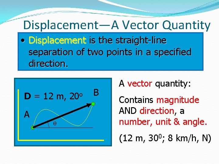 Displacement—A Vector Quantity • Displacement is the straight-line separation of two points in a