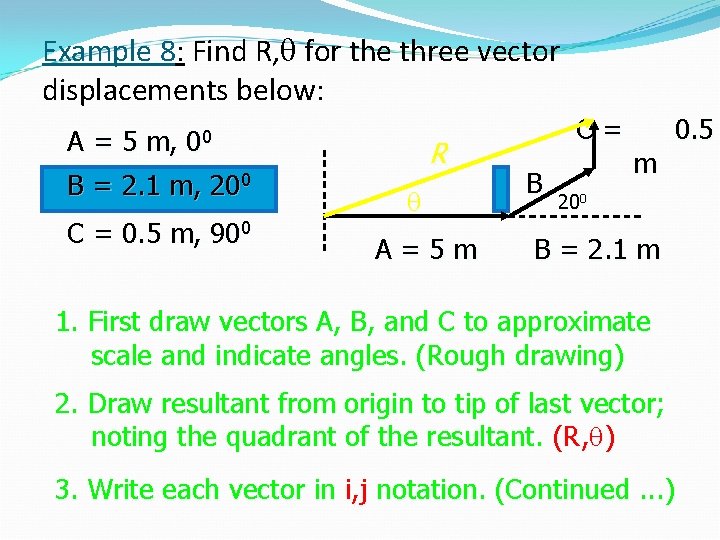 Example 8: Find R, for the three vector displacements below: A = 5 m,