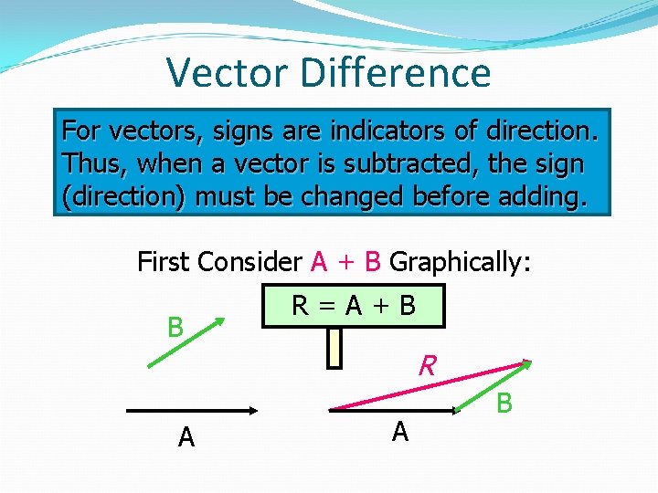 Vector Difference For vectors, signs are indicators of direction. Thus, when a vector is