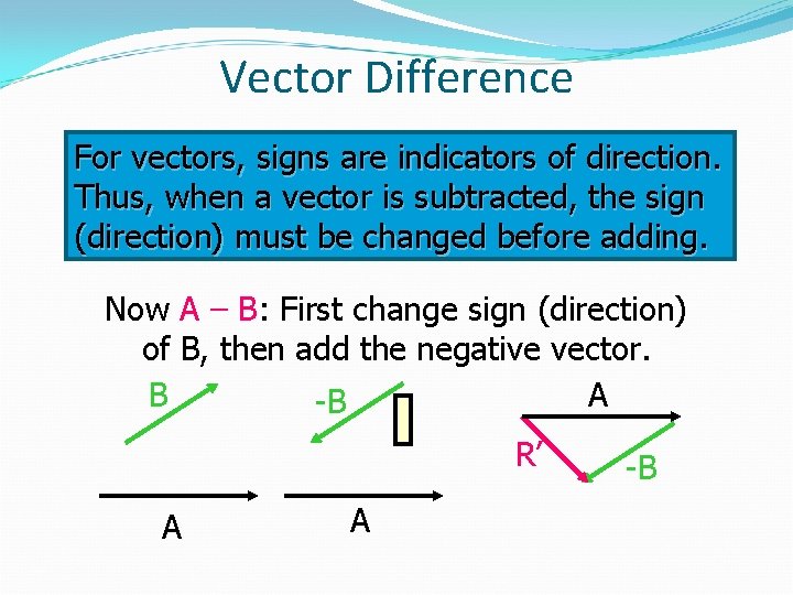 Vector Difference For vectors, signs are indicators of direction. Thus, when a vector is