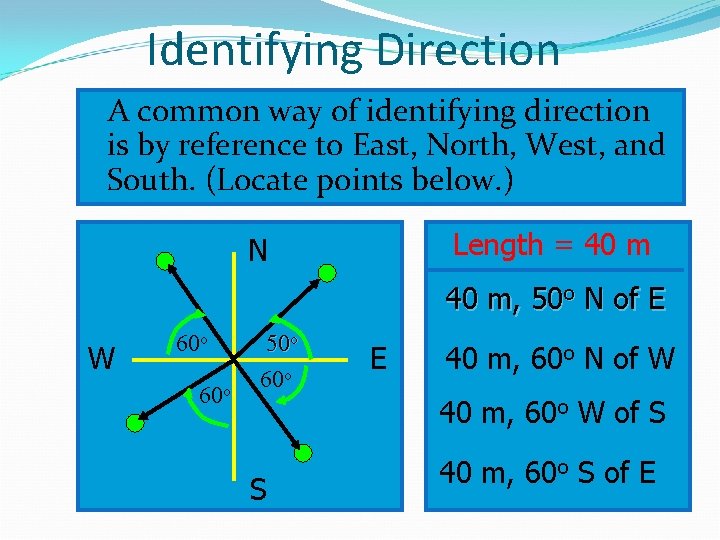 Identifying Direction A common way of identifying direction is by reference to East, North,