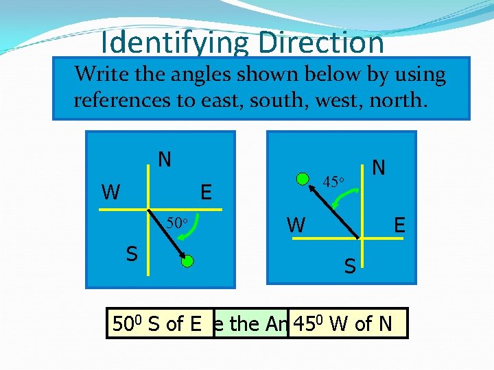 Identifying Direction Write the angles shown below by using references to east, south, west,