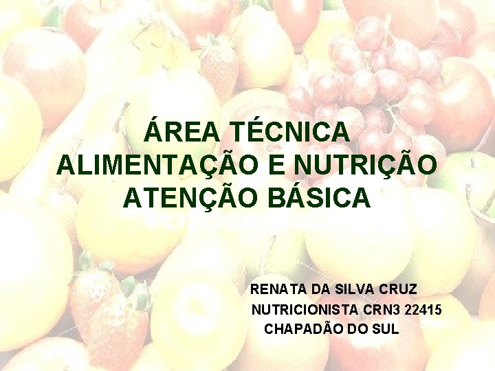 ÁREA TÉCNICA ALIMENTAÇÃO E NUTRIÇÃO ATENÇÃO BÁSICA RENATA DA SILVA CRUZ NUTRICIONISTA CRN 3