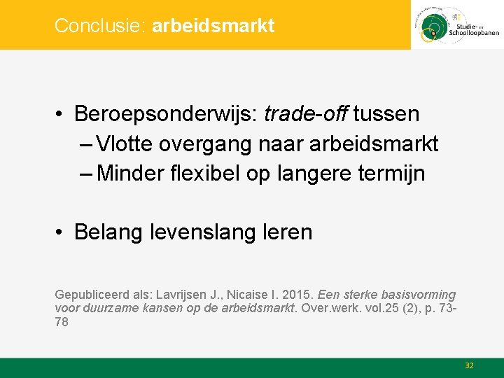 Conclusie: arbeidsmarkt • Beroepsonderwijs: trade-off tussen – Vlotte overgang naar arbeidsmarkt – Minder flexibel
