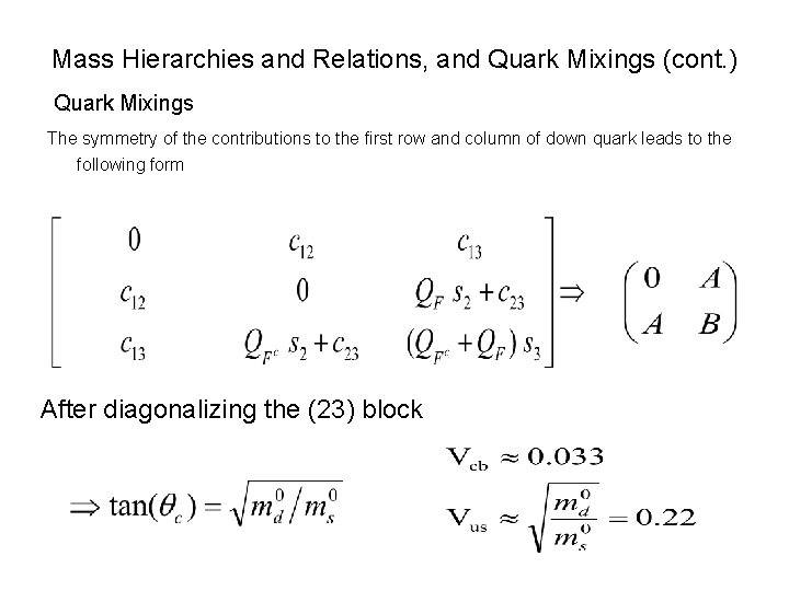 Mass Hierarchies and Relations, and Quark Mixings (cont. ) Quark Mixings The symmetry of