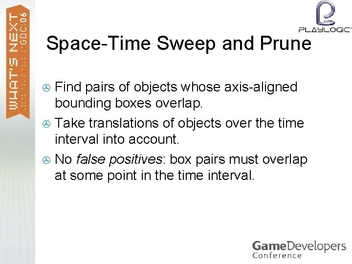 Space-Time Sweep and Prune Find pairs of objects whose axis-aligned bounding boxes overlap. >