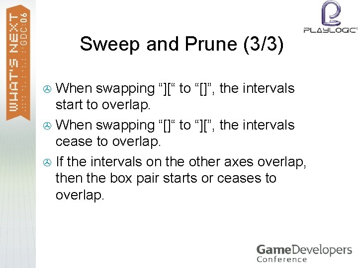 Sweep and Prune (3/3) When swapping “][“ to “[]”, the intervals start to overlap.