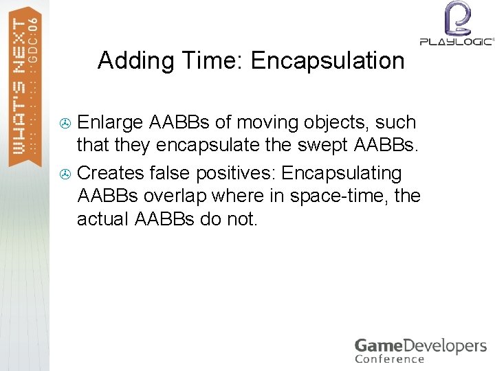 Adding Time: Encapsulation Enlarge AABBs of moving objects, such that they encapsulate the swept