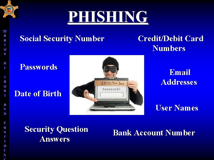 PHISHING W O R T H Y Social Security Number O F Passwords T PHISHING W O R T H Y Social Security Number O F Passwords T