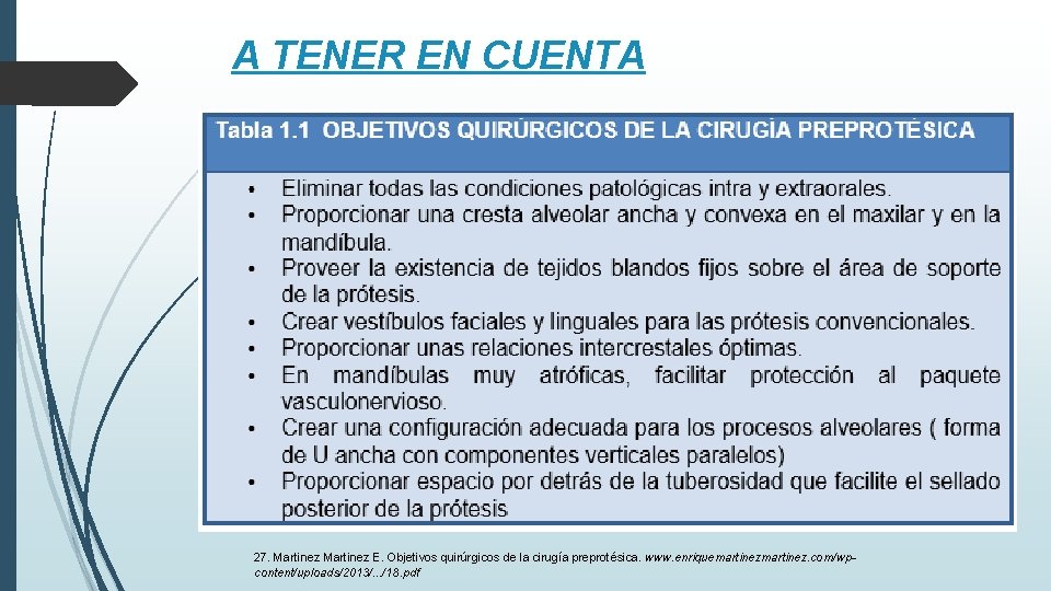 A TENER EN CUENTA 27. Martinez E. Objetivos quirúrgicos de la cirugía preprotésica. www. A TENER EN CUENTA 27. Martinez E. Objetivos quirúrgicos de la cirugía preprotésica. www.