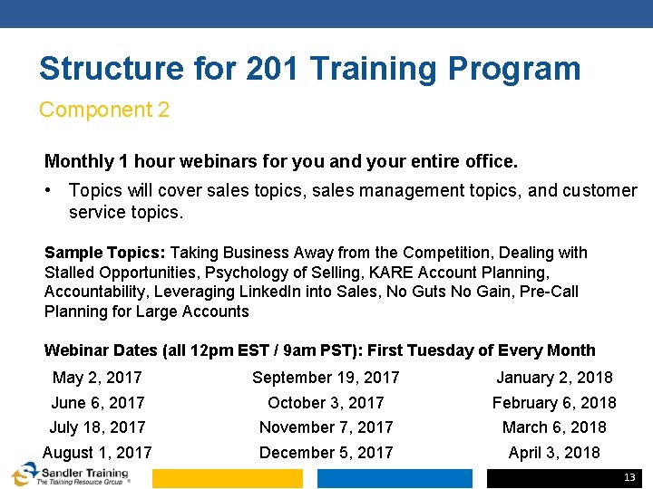 Structure for 201 Training Program Component 2 Monthly 1 hour webinars for you and Structure for 201 Training Program Component 2 Monthly 1 hour webinars for you and