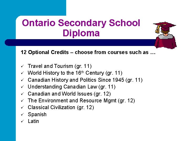 Ontario Secondary School Diploma 12 Optional Credits – choose from courses such as …