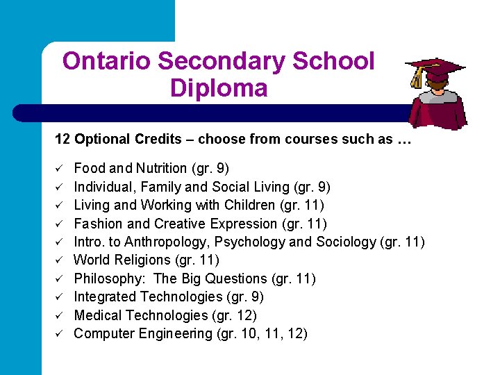 Ontario Secondary School Diploma 12 Optional Credits – choose from courses such as …