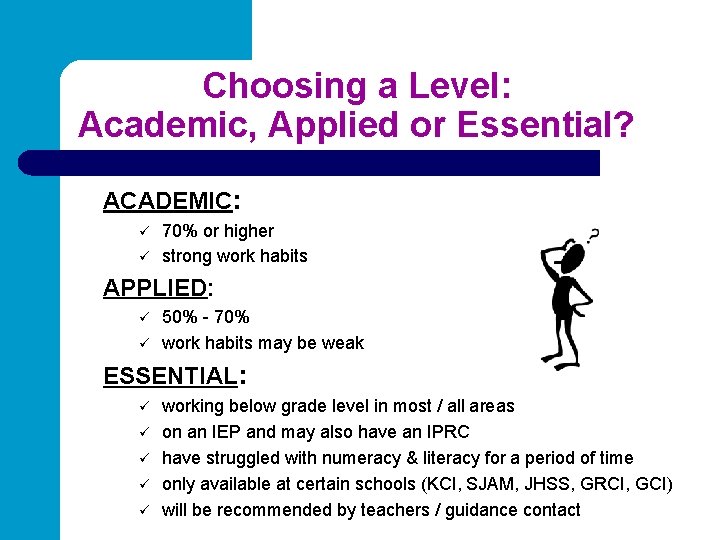 Choosing a Level: Academic, Applied or Essential? ACADEMIC: ü ü 70% or higher strong