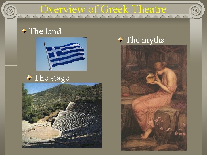 Overview of Greek Theatre The land The stage The myths 