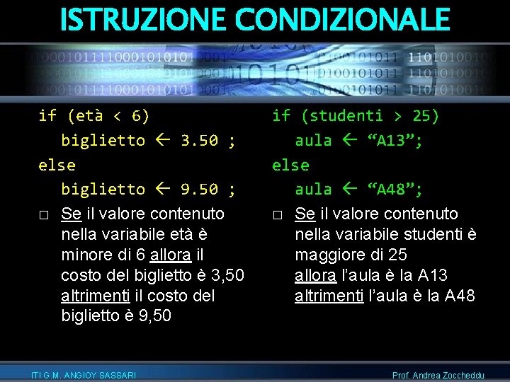 ISTRUZIONE CONDIZIONALE if (età < 6) biglietto 3. 50 ; else biglietto 9. 50