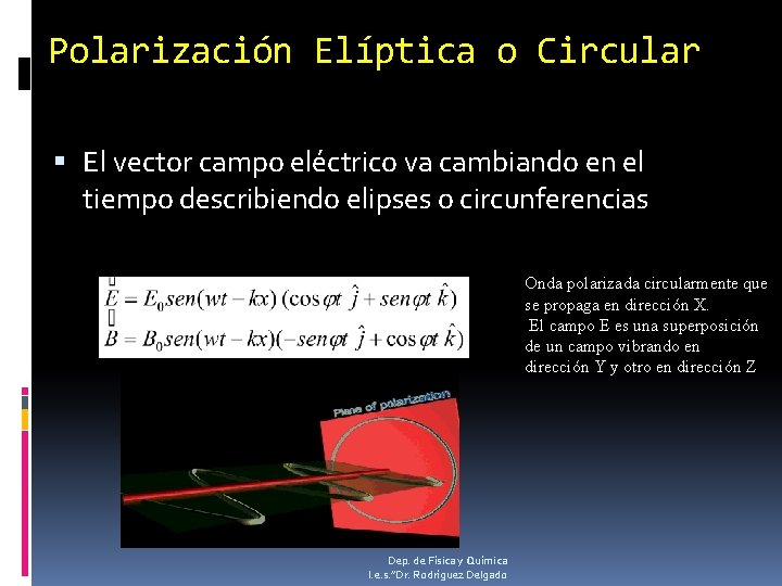 Polarización Elíptica o Circular El vector campo eléctrico va cambiando en el tiempo describiendo