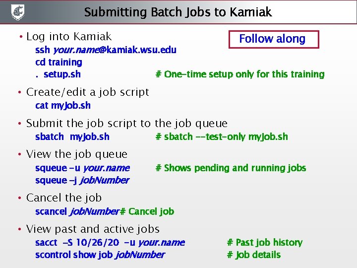 Submitting Batch Jobs to Kamiak • Log into Kamiak Follow along ssh your. name@kamiak. Submitting Batch Jobs to Kamiak • Log into Kamiak Follow along ssh your. name@kamiak.