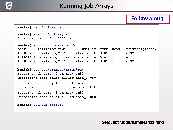 Running Job Arrays Follow along kamiak$ cat job. Array. sh kamiak$ sbatch job. Array. Running Job Arrays Follow along kamiak$ cat job. Array. sh kamiak$ sbatch job. Array.