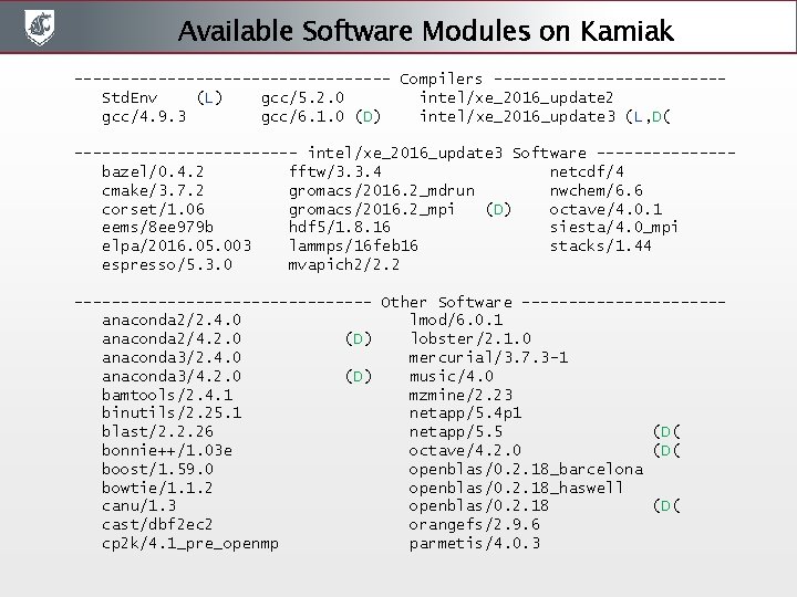 Available Software Modules on Kamiak ----------------- Compilers ------------Std. Env (L) gcc/5. 2. 0 intel/xe_2016_update Available Software Modules on Kamiak ----------------- Compilers ------------Std. Env (L) gcc/5. 2. 0 intel/xe_2016_update