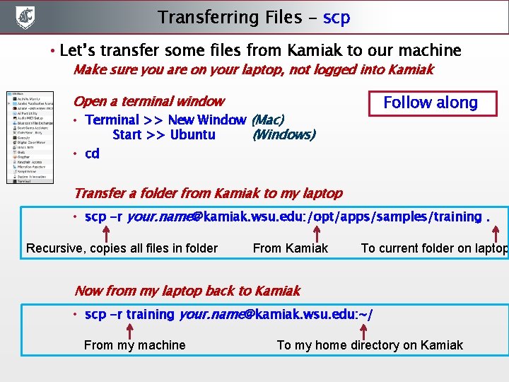 Transferring Files - scp • Let’s transfer some files from Kamiak to our machine Transferring Files - scp • Let’s transfer some files from Kamiak to our machine