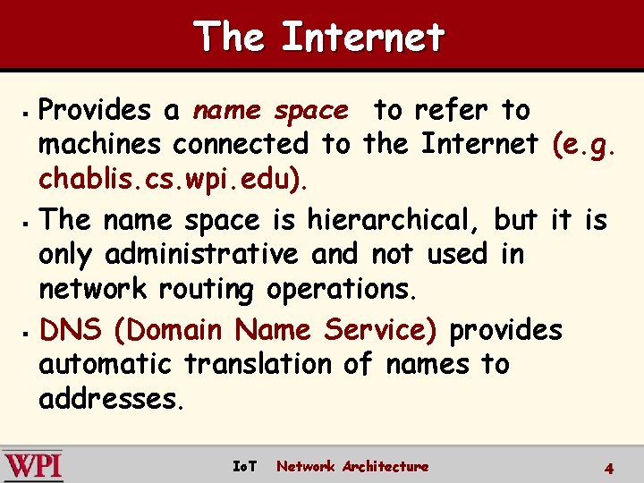 The Internet Provides a name space to refer to machines connected to the Internet