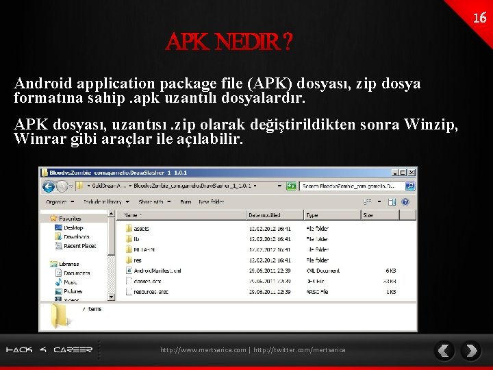 Android application package file (APK) dosyası, zip dosya formatına sahip. apk uzantılı dosyalardır. APK