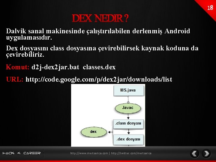 Dalvik sanal makinesinde çalıştırılabilen derlenmiş Android uygulamasıdır. Dex dosyasını class dosyasına çevirebilirsek kaynak koduna