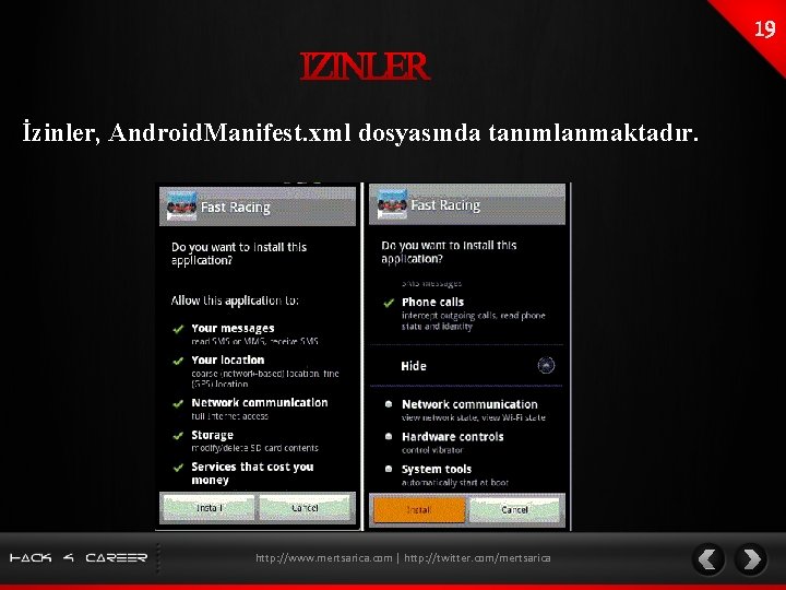 İzinler, Android. Manifest. xml dosyasında tanımlanmaktadır. http: //www. mertsarica. com | http: //twitter. com/mertsarica