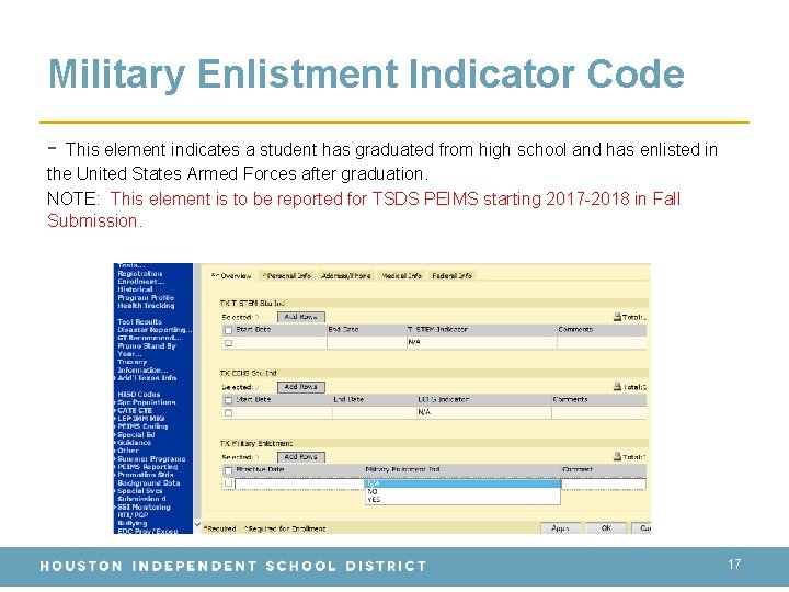 Military Enlistment Indicator Code - This element indicates a student has graduated from high