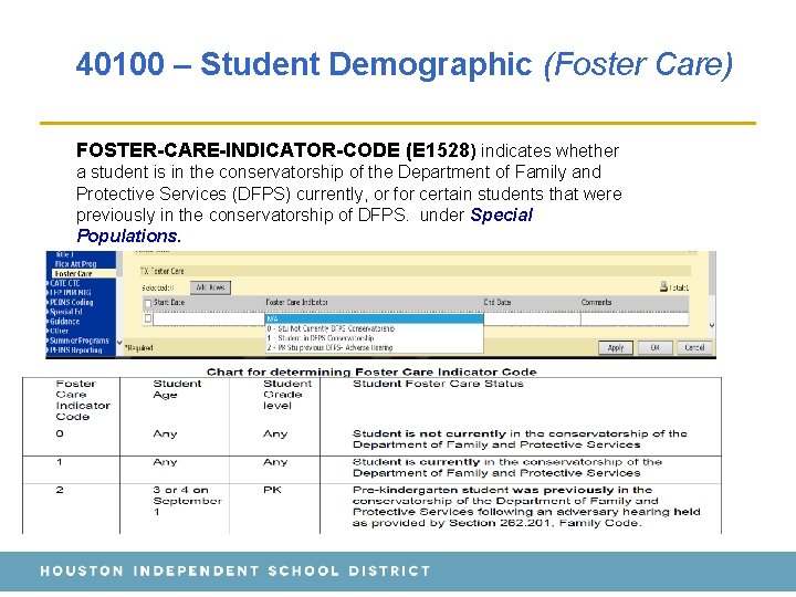 40100 – Student Demographic (Foster Care) FOSTER-CARE-INDICATOR-CODE (E 1528) indicates whether a student is