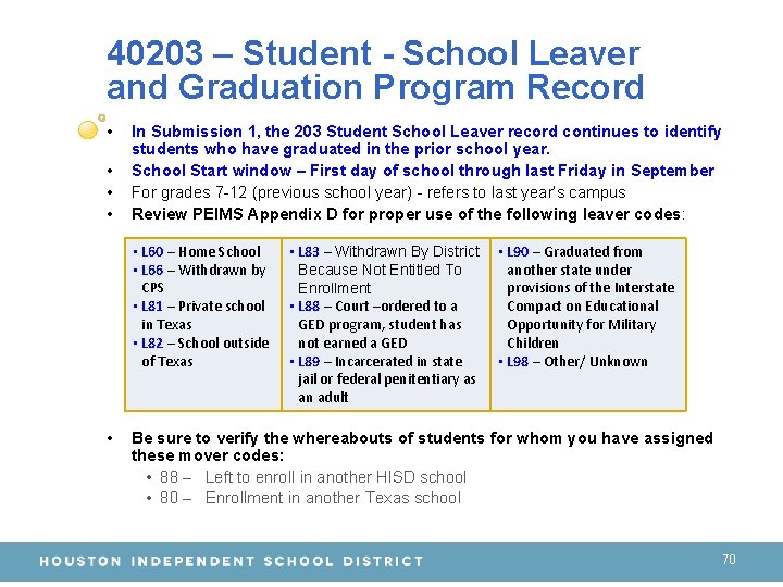 40203 – Student - School Leaver and Graduation Program Record • • In Submission