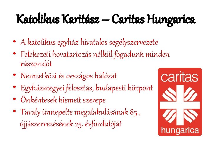 Katolikus Karitász – Caritas Hungarica • A katolikus egyház hivatalos segélyszervezete • Felekezeti hovatartozás