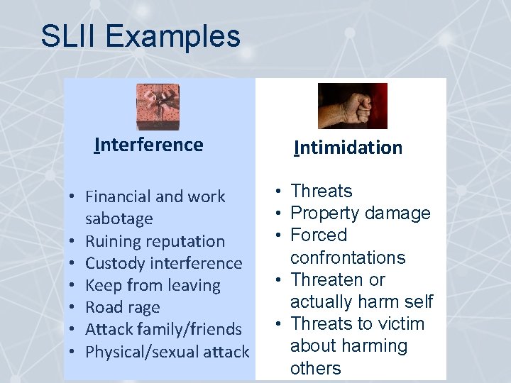 SLII Examples Interference • Financial and work sabotage • Ruining reputation • Custody interference