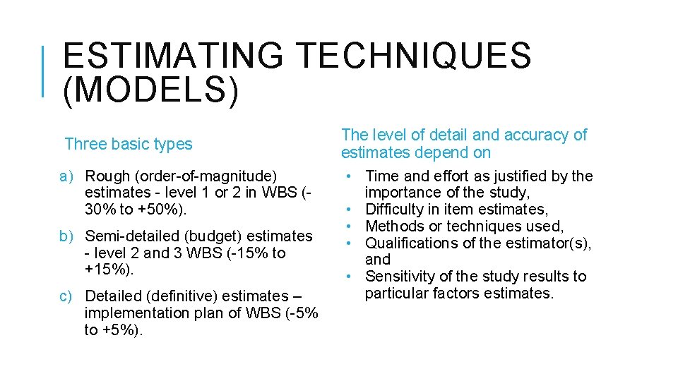 ESTIMATING TECHNIQUES (MODELS) Three basic types a) Rough (order-of-magnitude) estimates - level 1 or