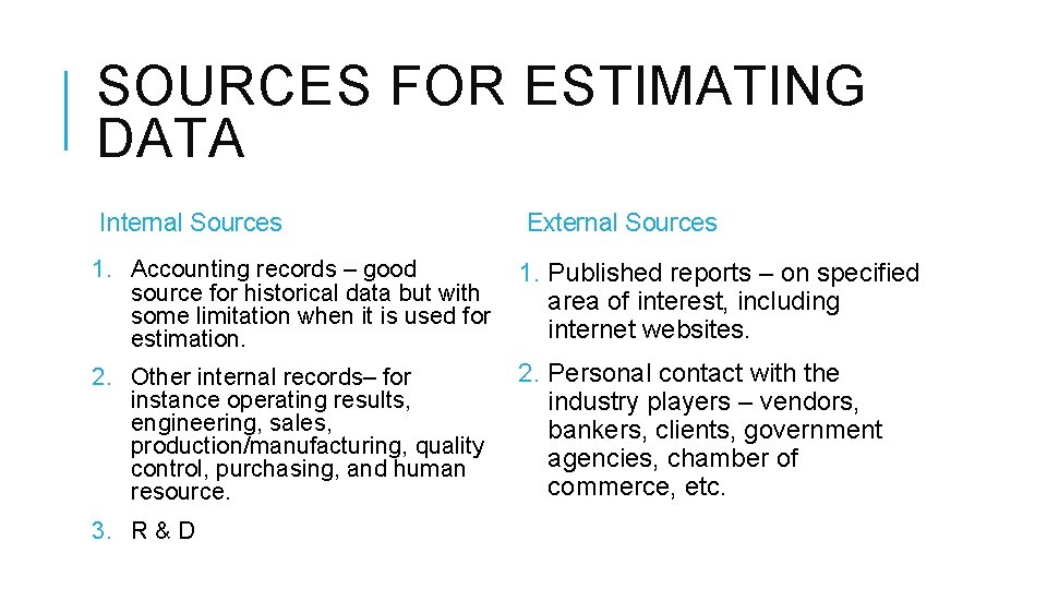 SOURCES FOR ESTIMATING DATA Internal Sources External Sources 1. Accounting records – good 1.