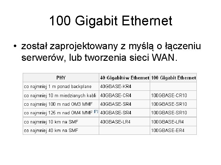 100 Gigabit Ethernet • został zaprojektowany z myślą o łączeniu serwerów, lub tworzenia sieci