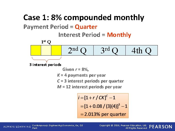 Case 1: 8% compounded monthly Payment Period = Quarter Interest Period = Monthly 1