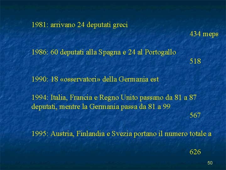 1981: arrivano 24 deputati greci 434 meps 1986: 60 deputati alla Spagna e 24