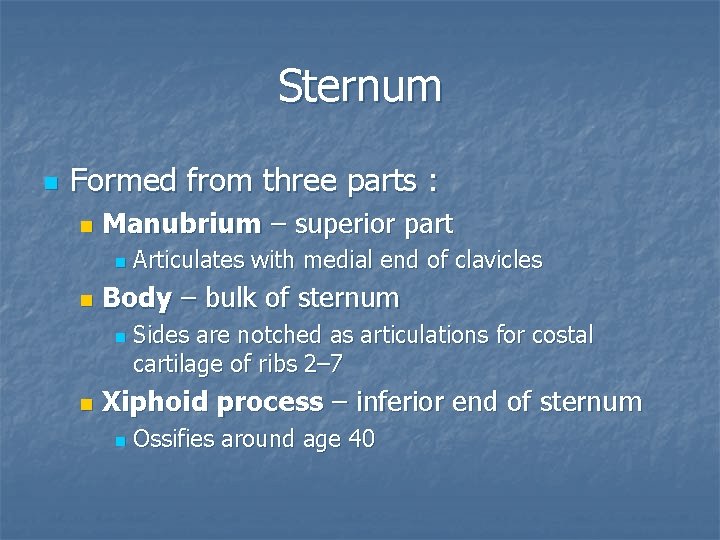 Sternum n Formed from three parts : n Manubrium – superior part n n