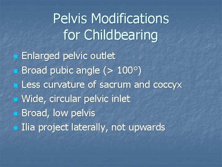 Pelvis Modifications for Childbearing n n n Enlarged pelvic outlet Broad pubic angle (>