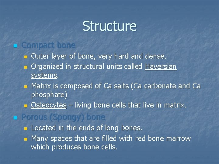 Structure n Compact bone n n n Outer layer of bone, very hard and