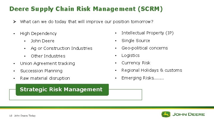Deere Supply Chain Risk Management (SCRM) Ø What can we do today that will Deere Supply Chain Risk Management (SCRM) Ø What can we do today that will